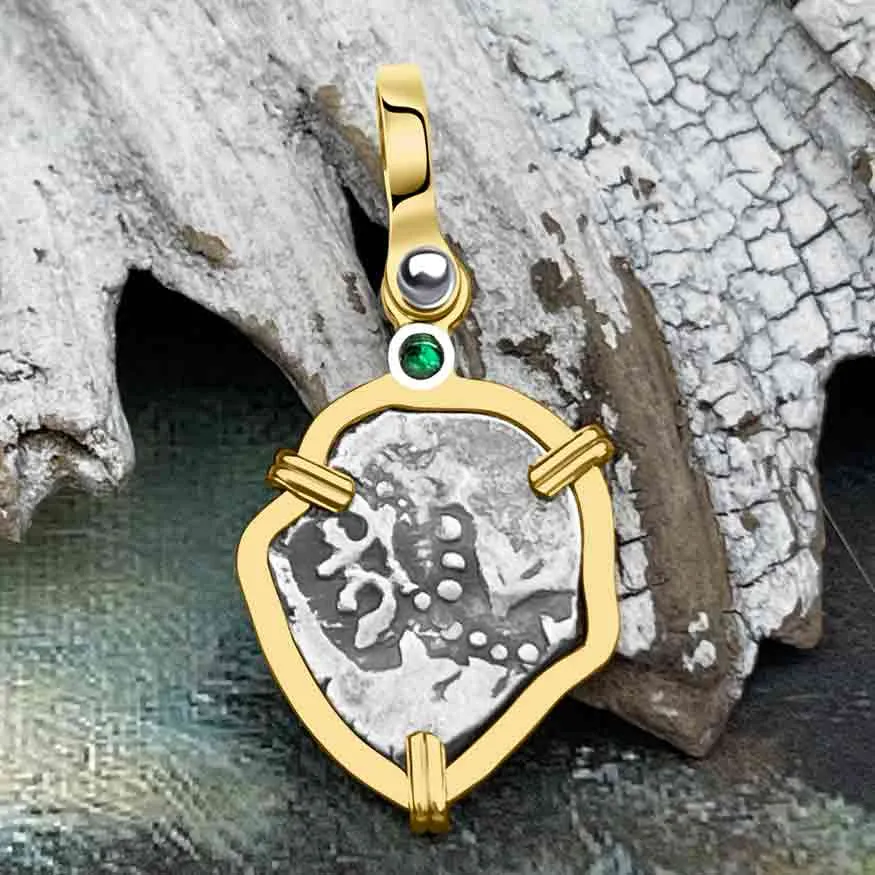 1710s Rimac River "Good Luck" Spanish 1/2 Reale "Piece of 8" 14K Gold Pendant with Emerald | Artifact #8264