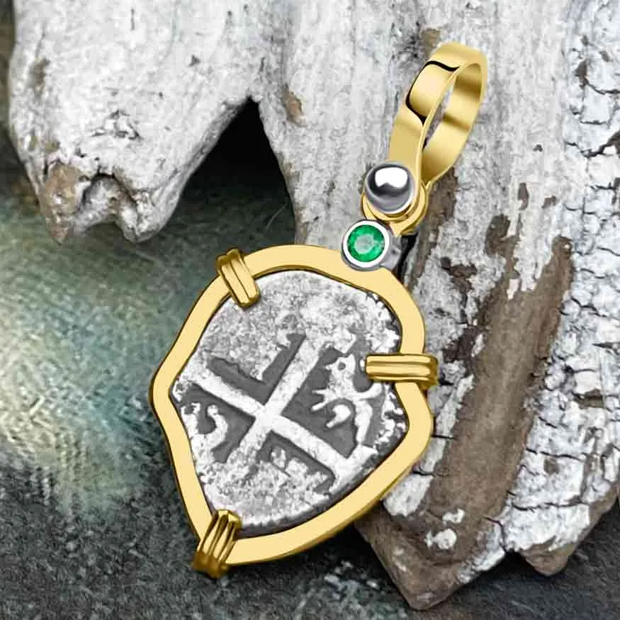 1710s Rimac River "Good Luck" Spanish 1/2 Reale "Piece of 8" 14K Gold Pendant with Emerald | Artifact #8264