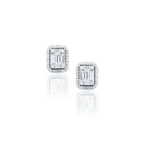 18k Gold and Diamond Illusion Emerald Halo Stud Earrings
