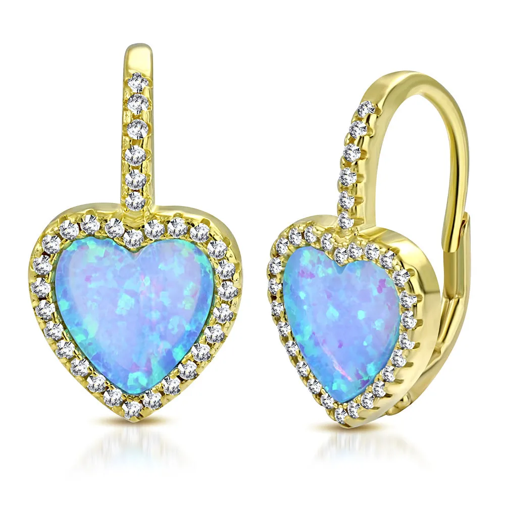 925 Sterling Silver Clear CZ Simulated Blue Opal Love Heart Hoop Dangle Earrings, 0.75"