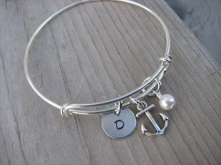 Anchor Charm Bracelet -Adjustable Bangle Bracelet with an Initial Charm and an Accent Bead of your choice