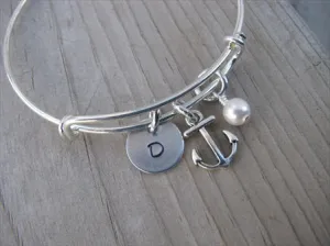 Anchor Charm Bracelet -Adjustable Bangle Bracelet with an Initial Charm and an Accent Bead of your choice