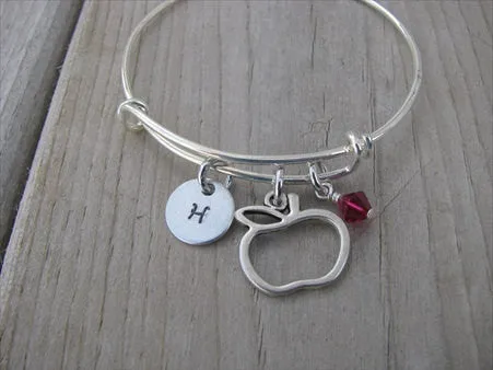 Apple Charm Bracelet -Adjustable Bangle Bracelet with an Initial Charm and an Accent Bead of your choice