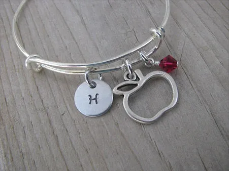 Apple Charm Bracelet -Adjustable Bangle Bracelet with an Initial Charm and an Accent Bead of your choice
