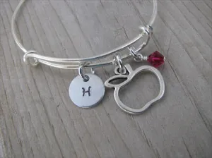 Apple Charm Bracelet -Adjustable Bangle Bracelet with an Initial Charm and an Accent Bead of your choice