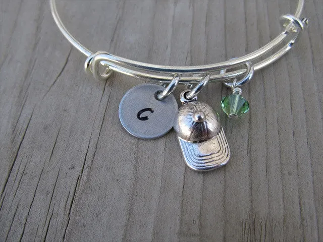 Ball Cap Charm Bracelet- Adjustable Bangle Bracelet with an Initial Charm and an Accent Bead of your choice