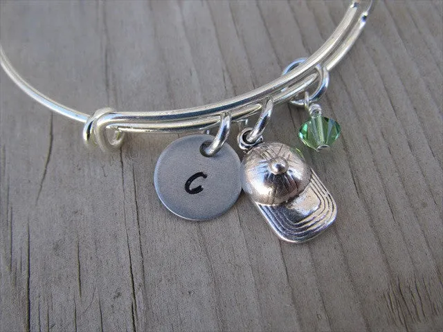 Ball Cap Charm Bracelet- Adjustable Bangle Bracelet with an Initial Charm and an Accent Bead of your choice