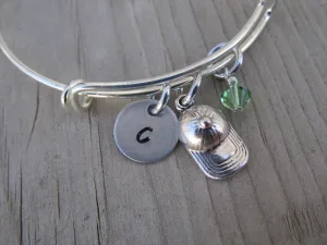 Ball Cap Charm Bracelet- Adjustable Bangle Bracelet with an Initial Charm and an Accent Bead of your choice