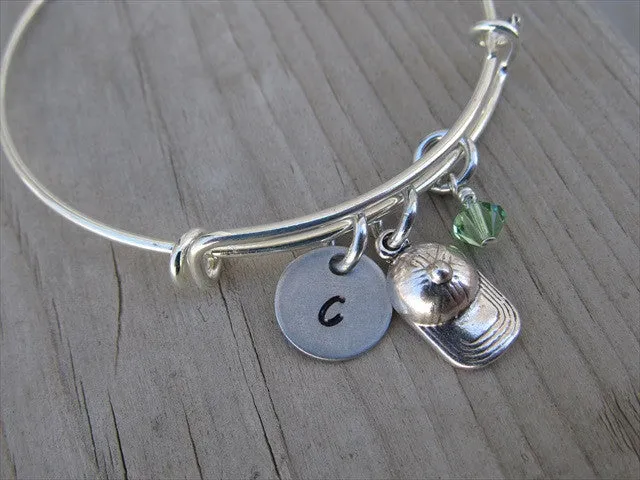Ball Cap Charm Bracelet- Adjustable Bangle Bracelet with an Initial Charm and an Accent Bead of your choice