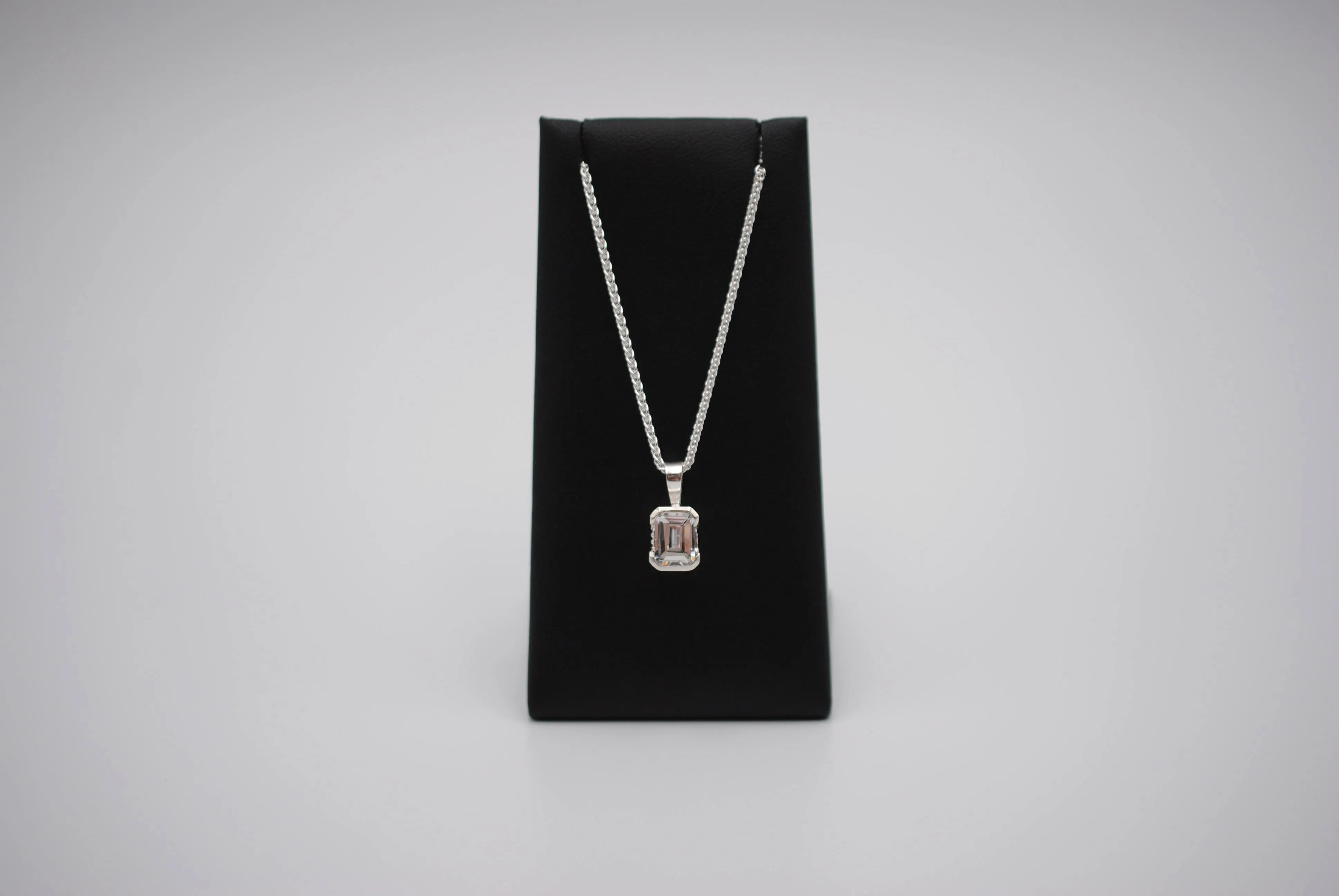 Cubic Zirconia Necklace: Emerald Cut, Silver Half Bezel, Adjustable Wheat Chain