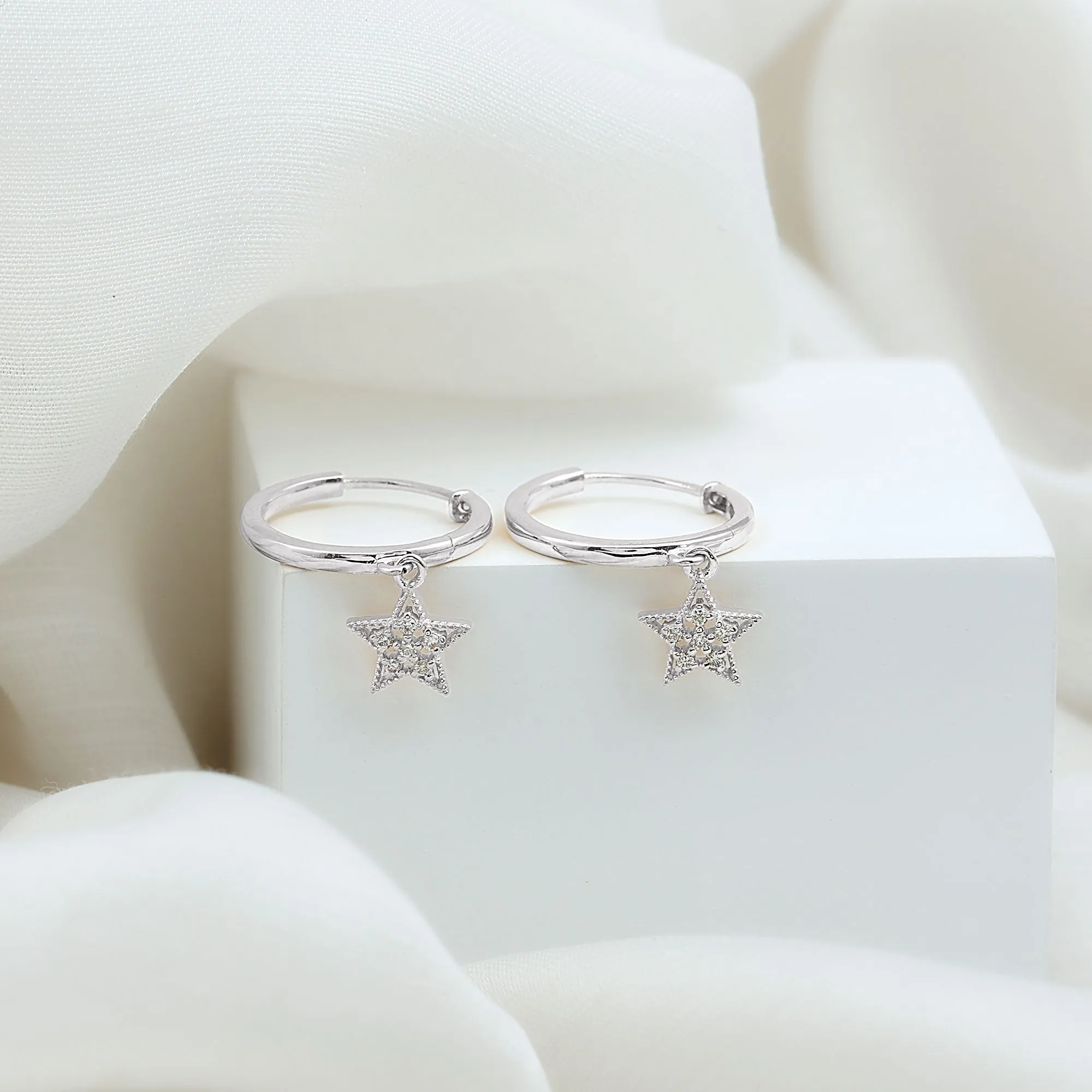Diamond Celestial Hoop Drop Earrings with Milgrain Details