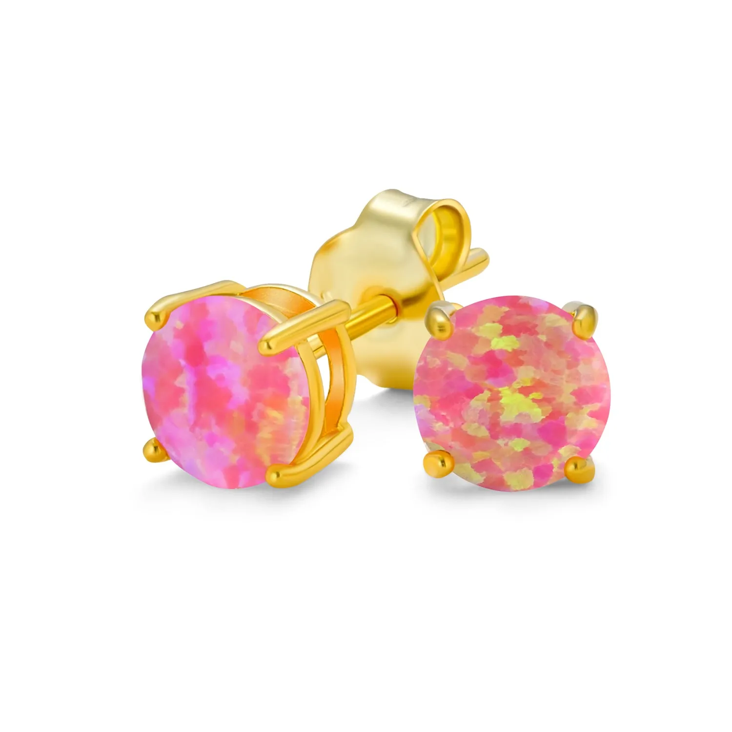 Golden Created Opal Round Solitaire Stud Earrings 14K Gold 6MM Birthstone