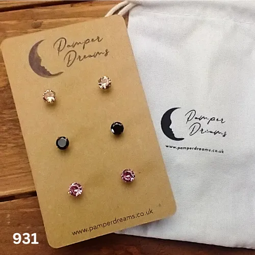 Hypoallergenic Stainless Steel 5mm Round CZ Earring Set 3 Pairs Gold Colour 931