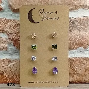Hypoallergenic Stainless Steel CZ & Opalite Earring Set 4 Pairs Silver Colour -  473