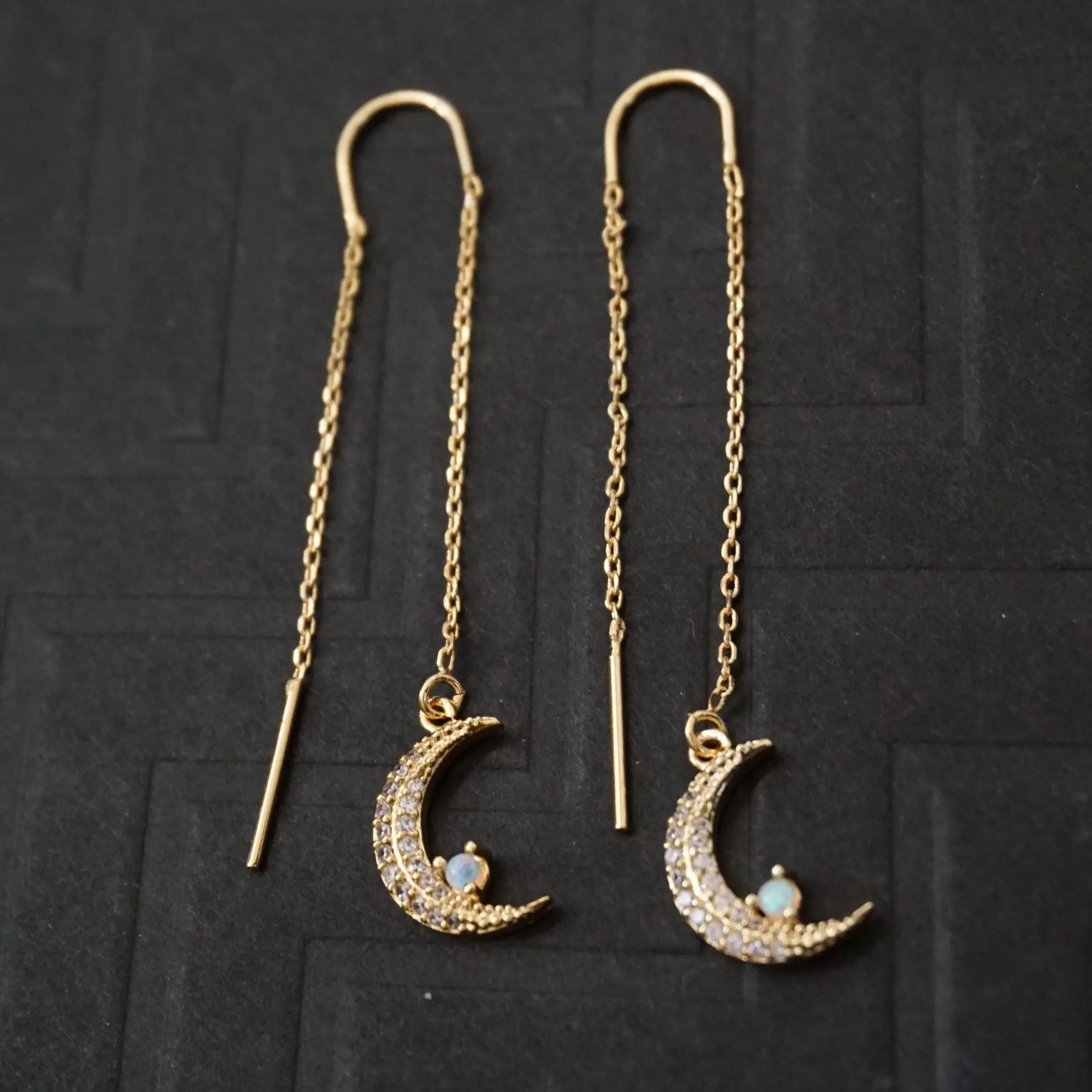 Opal Crescent Moon Threader Earrings