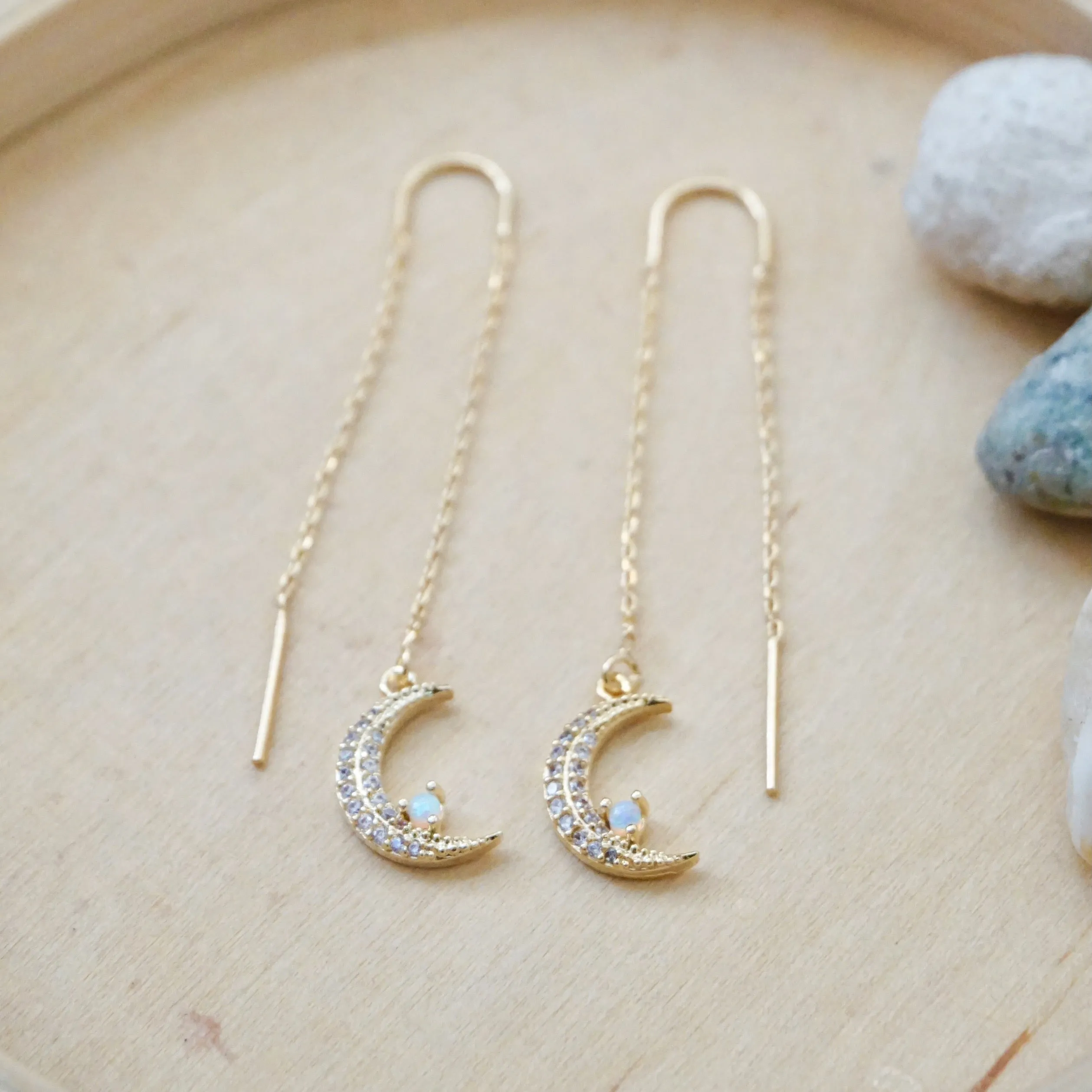 Opal Crescent Moon Threader Earrings