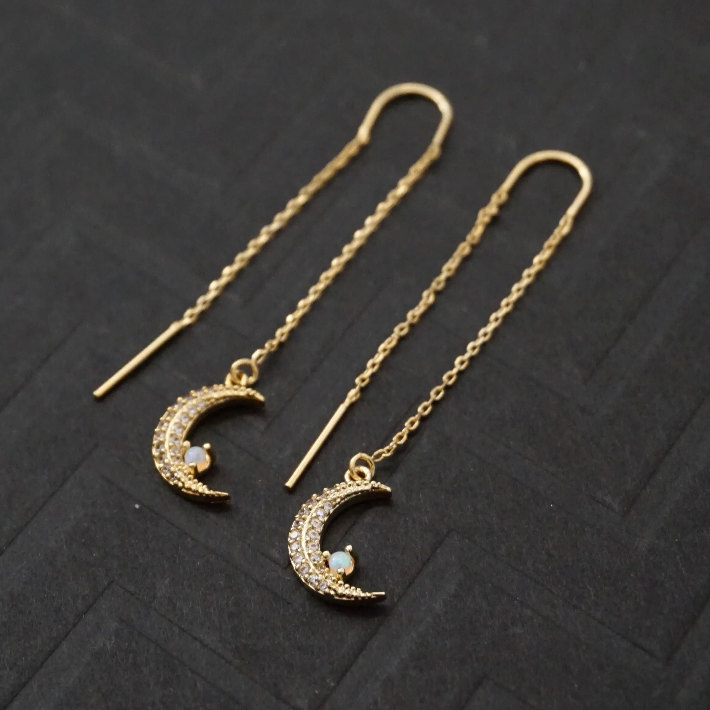 Opal Crescent Moon Threader Earrings
