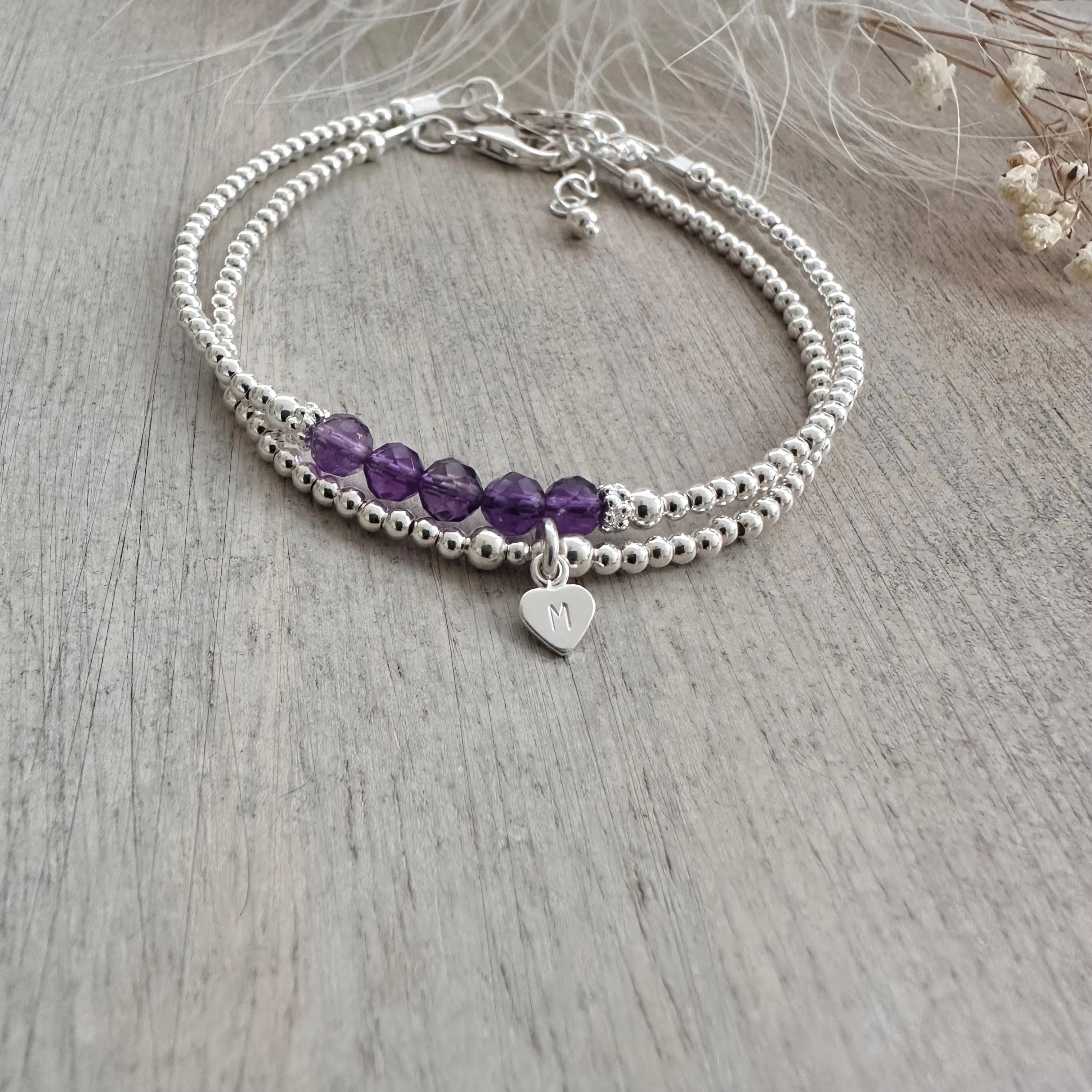 Personalised Amethyst Bracelet Set, February Birthstone Jewellery