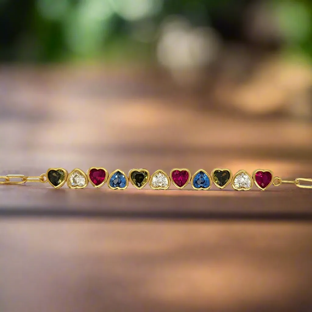 Sterling Silver Gold Plated Multicolor Heart Bracelet